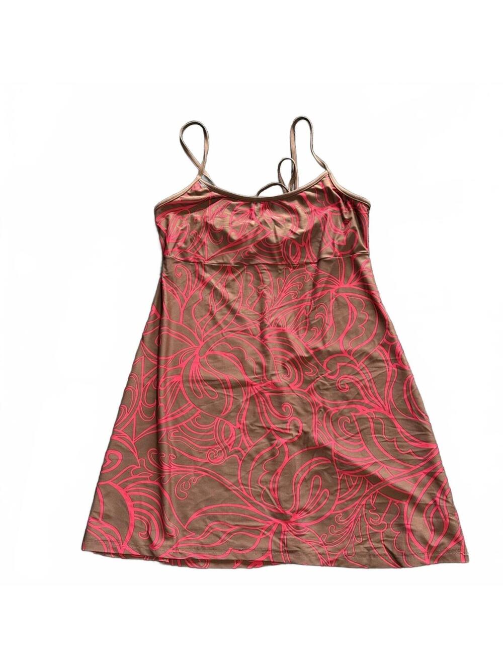 Brown and Pink Patterned Spaghetti Strap Dress- Large
